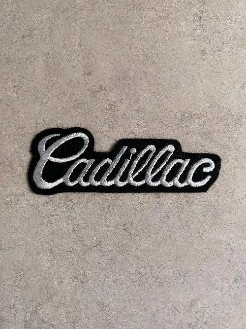 Cadillac White Classic Script Black Background Patch