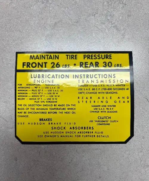 Hudson 1942-1947 Tire Pressure Service Specification Decal