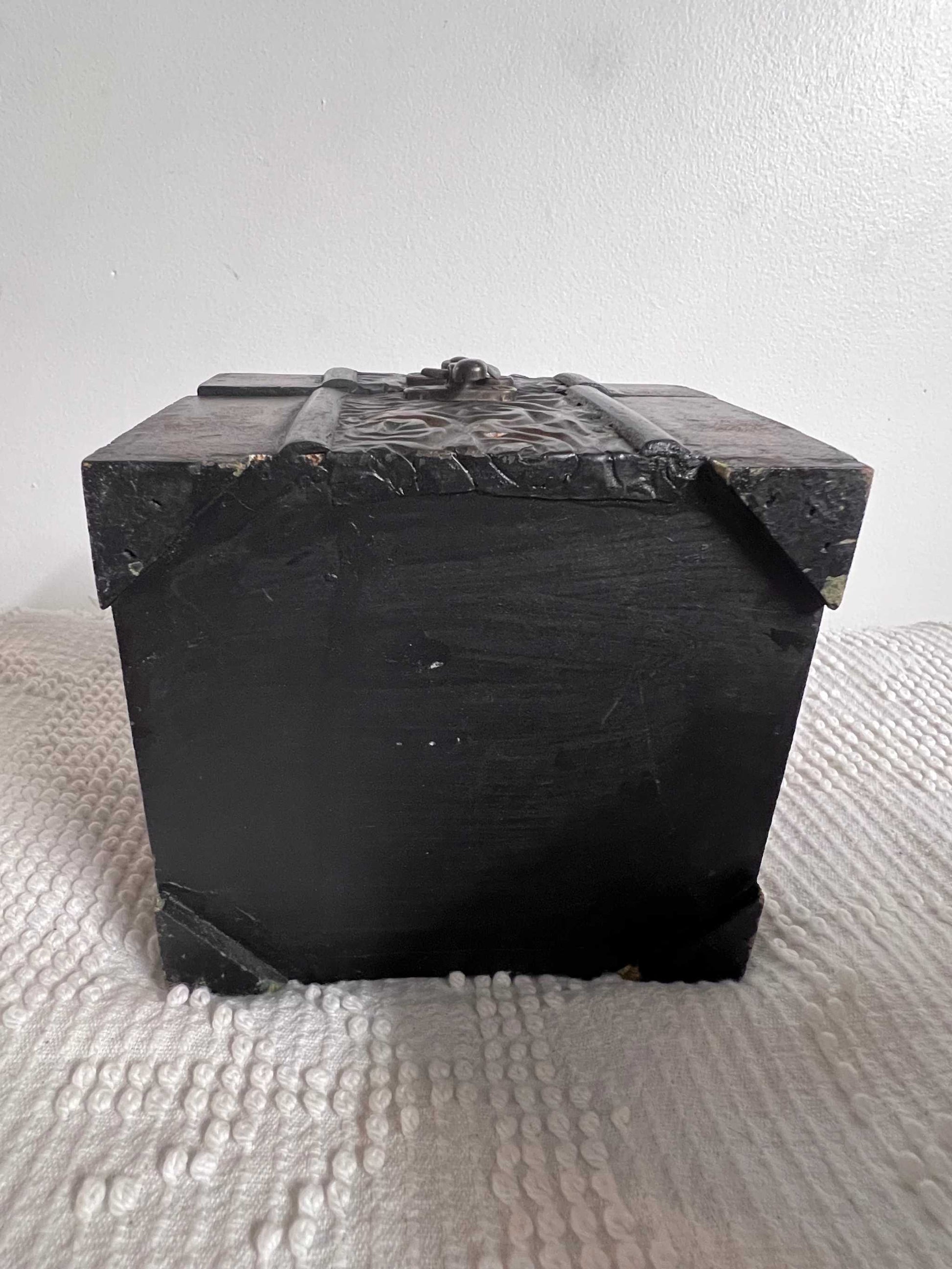 Vintage Square Wooden Treasure Box Unique Eclectic Item Rare The hooked latch, hinges and center motif are metal. The item measures approximately 5 1/5 inches wide