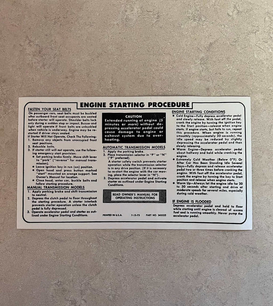 Buick 1974-76 Sun Visor Starting Instructions Decal Restoration Project EXC Relic has been safely stored away for decades and measures approximately 4 inches x 7.25 inches