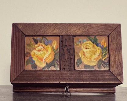 Vintage wooden trinket box with tiled yellow rose top. Adorable treasure chest, unique accessory and well made.  The box is 7 1/4 inches long, 4 inches wide and