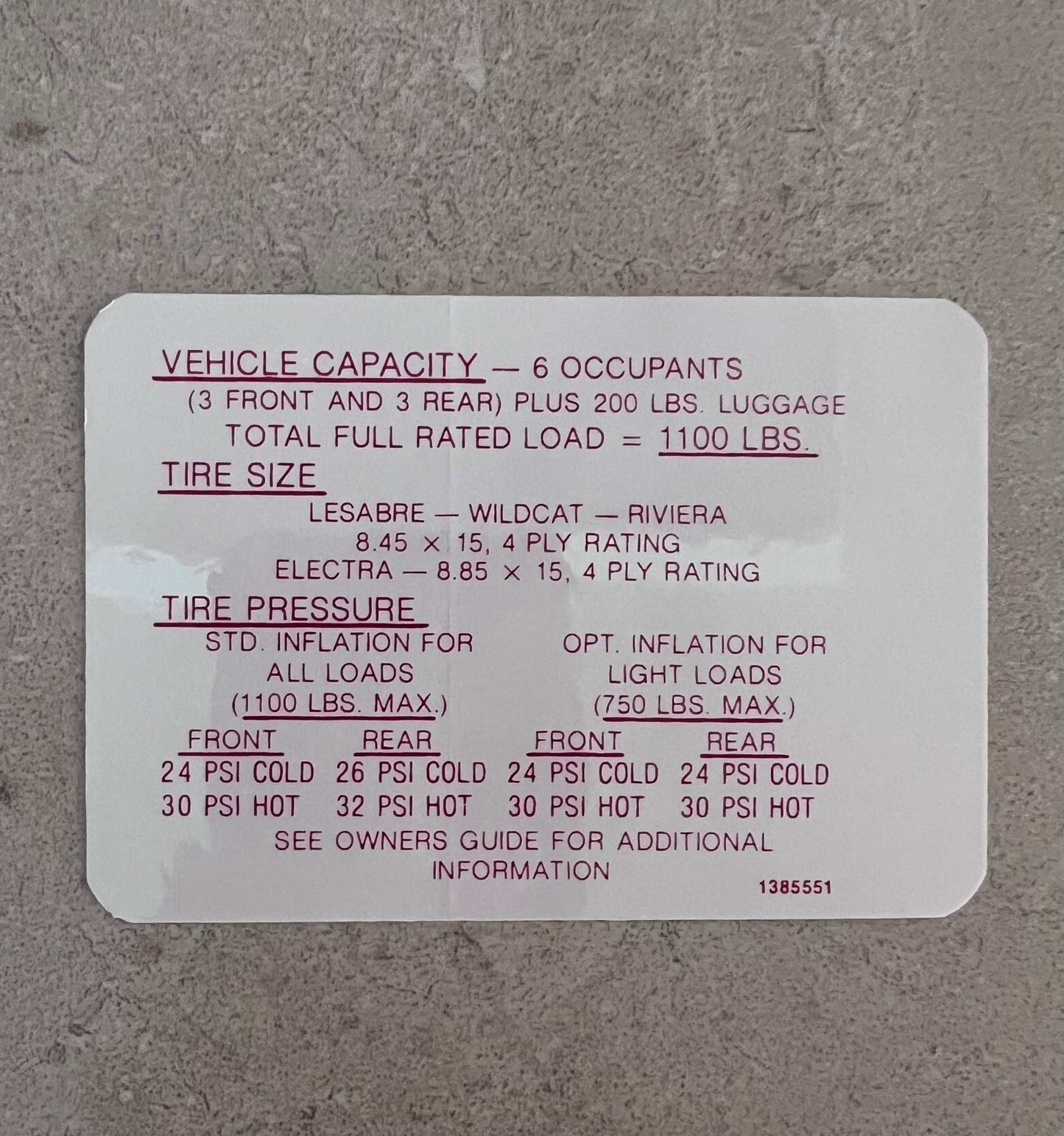 Buick 1968 Electra Wildcat LeSabre Riviera Tire Pressure Decal EXC N.O.S. Condition Relic has been stored away for decades and measures approximately 2.55 inches