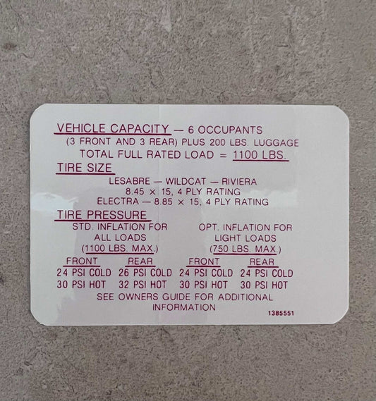Buick 1968 Electra Wildcat LeSabre Riviera Tire Pressure Decal EXC N.O.S. Condition Relic has been stored away for decades and measures approximately 2.55 inches