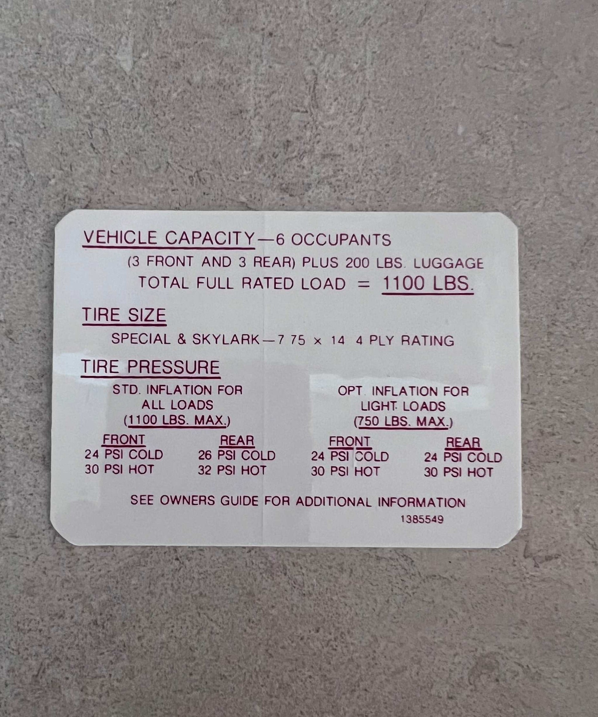 Buick 1968 Special Skylark Tire Pressure Decal EXC Restoration Condition Relic has been stored away for decades and measures approximately 2.55 inches x 3.5 inches