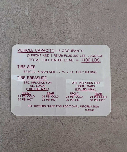 Buick 1968 Special Skylark Tire Pressure Decal EXC Restoration Condition Relic has been stored away for decades and measures approximately 2.55 inches x 3.5 inches