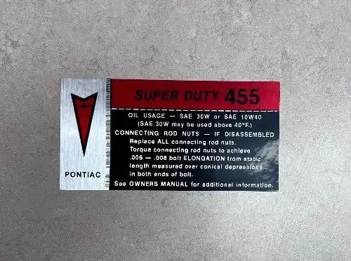 Pontiac Super Duty 455 Trans AM Firebird Decal