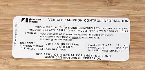 American Motors 1971 258 Automatic Transmission Emission Decal