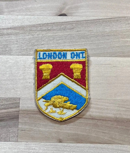 London Ontario Vintage Shield Flag Patch New Old Stock Beaver City Logo Relic has been safely stored away for decades and shield measures approx 2 in x 2.75 inches