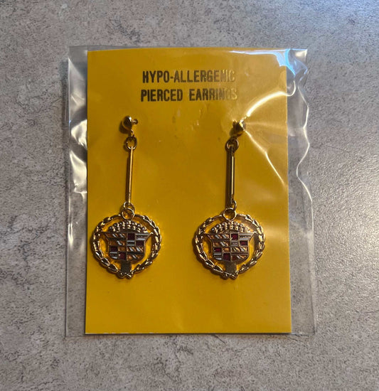Cadillac Gold Color Earrings Logo Pair Post Hypo Allergenic Accessories EXC Relic has been store safely away for decades and will be a great compliment to your class