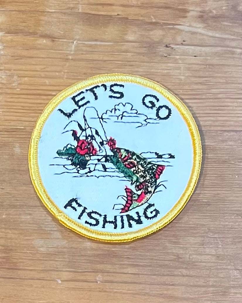 Lets Go Fishing Vintage Patch Sport Nature New Old Stock Excellent Condition Relic has been safely stored away for decades and measures approx 3 in circle