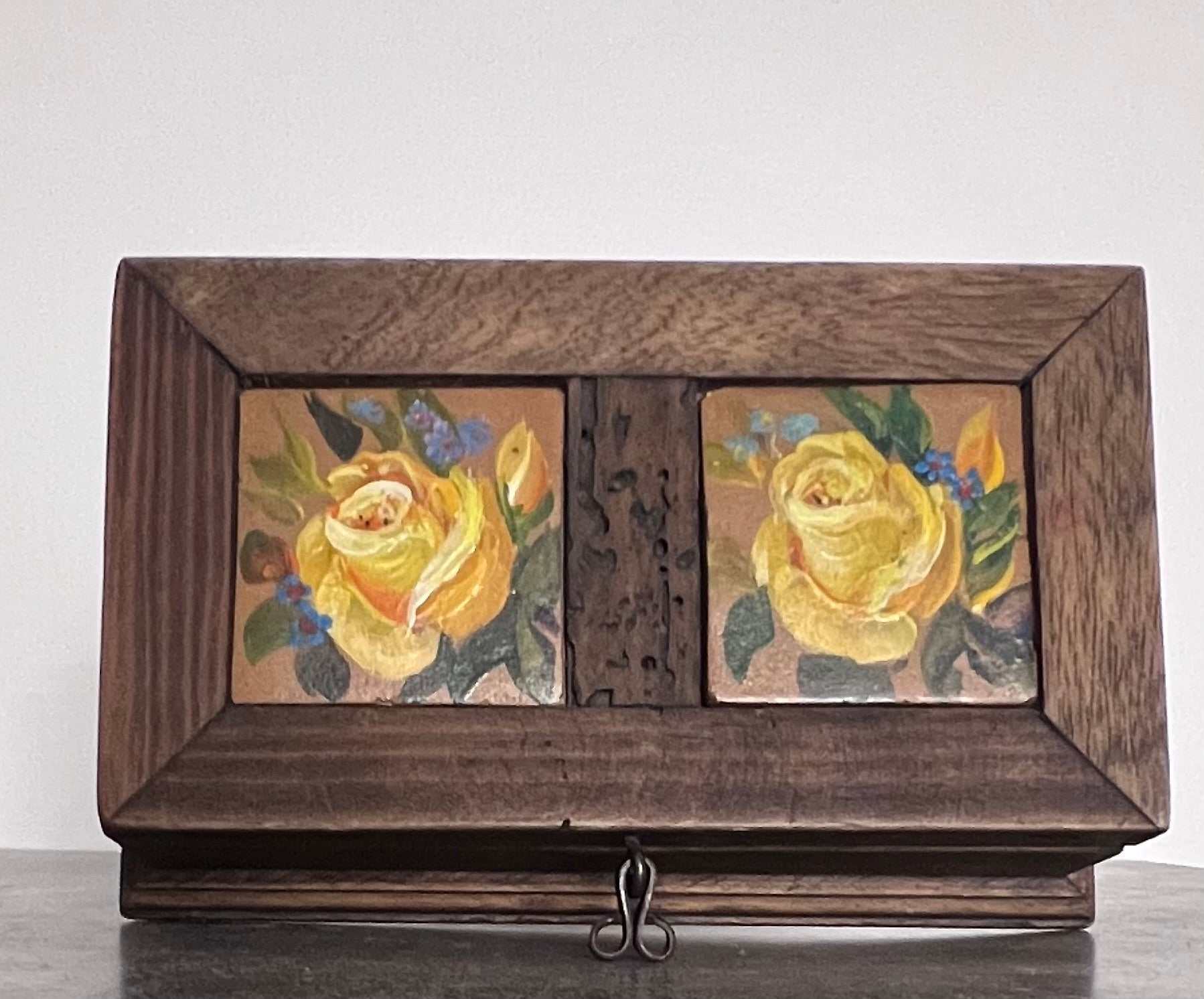 Vintage wooden trinket box with tiled yellow rose top. Adorable treasure chest, unique accessory and well made.  The box is 7 1/4 inches long, 4 inches wide and
