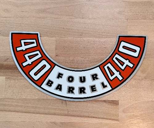 440 Four Barrel Decal Top Lid Air Cleaner 1972-1974 Chrysler Mopar. N.O.S. to help complete your Mopar Restoration Project. Relic measures approx 2.5 in x 11 in.