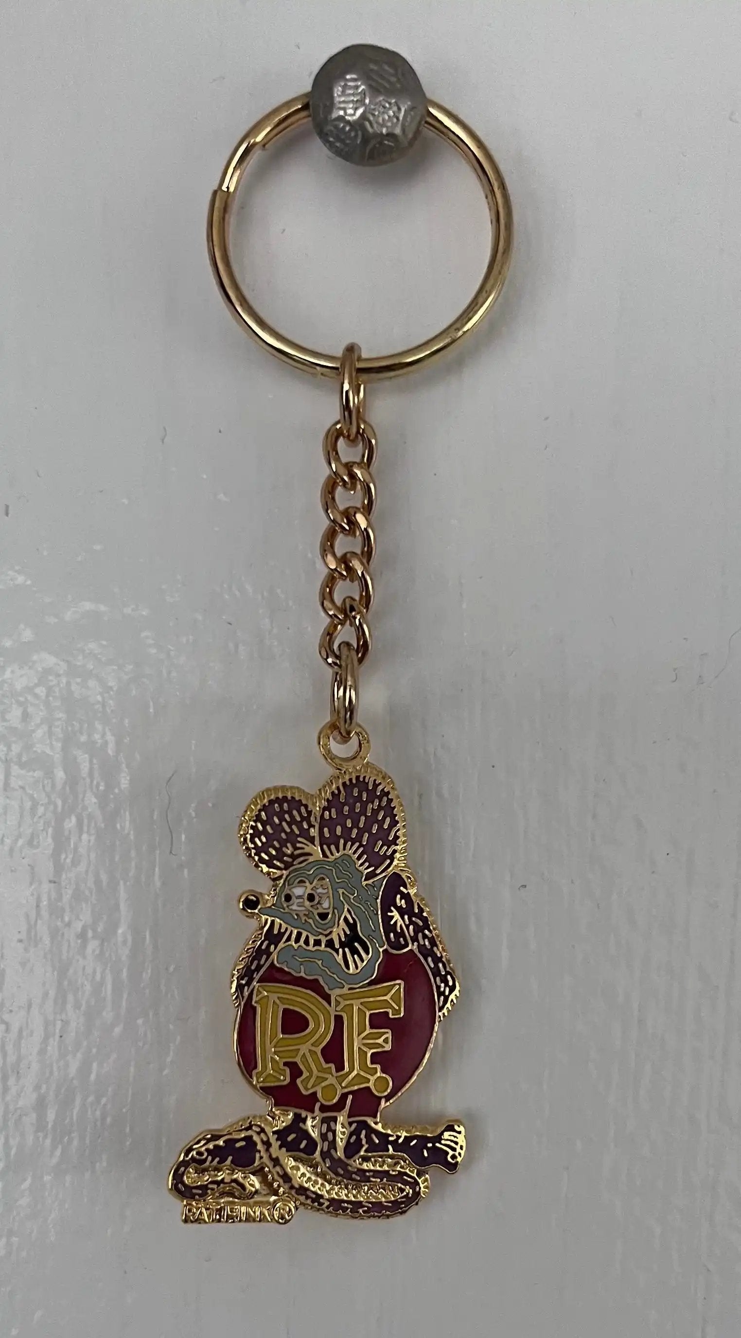 RAT FINK RF Gold Metal Keychain Hot Rod Accessories New Old Stock Mint never used and stored away safely for decades check out all the Rat Fink memorabilia in stock