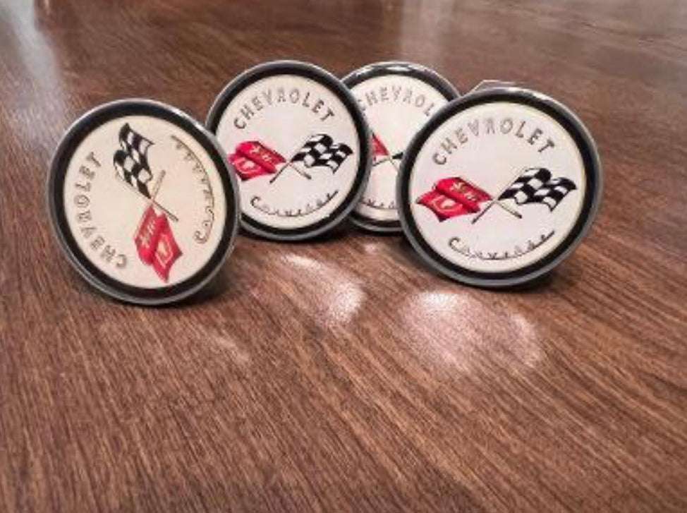 CORVETTE Drawer Handles Set of 4 Pull Knobs Mint Accessories Brand New. Officially Licensed Product CORVETTE CROSSFLAG. Logo is 2 in diameter is 2 in and screw is 1"