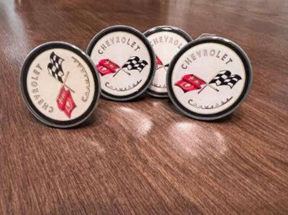 CORVETTE Drawer Handles Set of 4 Pull Knobs Mint Accessories Brand New. Officially Licensed Product CORVETTE CROSSFLAG. Logo is 2 in diameter is 2 in and screw is 1"