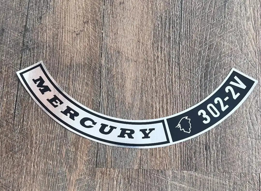 Mercury 302-2V TWO Barrel Decal Black and Silver Metallic Top Air Cleaner 1This relic has been stored for decades and measures 1.25 inches in width by 11.25 inch