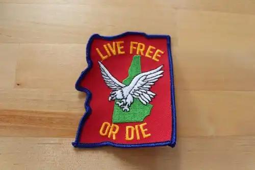 Live Free or Die Patch EXC Retro USA New Hampshire State Flag Patch EXC Retro NEW HAMPSHIRE Vintage Patch measuring 4 x 3 inches stored away safely for decades