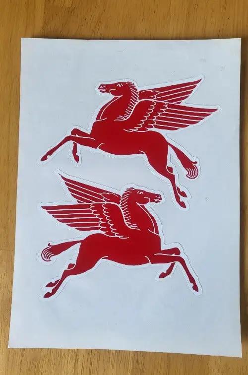 Pair Pegasus Mobil Decals Motor Oil Racing Part Auto Petro Logo N.O.S. Great petrol patch for the gas oil collector.  The patch measures approximately 5.5 in x 7 in