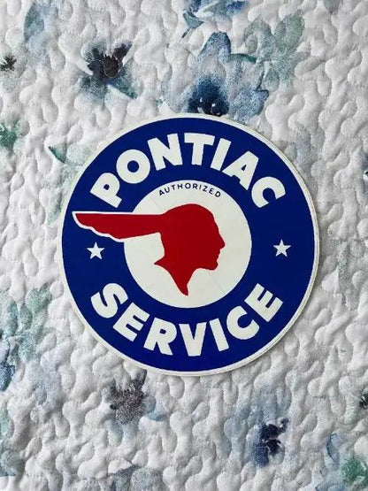 Pontiac Indian Head Decal AUTHORIZED SERVICE LARGE MINT N.O.S. ITEM. This is a 9.5 inch circle Original and Traditional Pontiac Indian Head Crest logo centered.