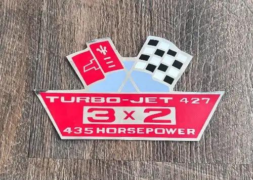 Turbo Jet 427 3X2 435 Horsepower 1967-1969 Decal Air Filter Cleaner Chevy Relic has been stored away for decades and measures approx 3.5 in x 6 inches. Restoration