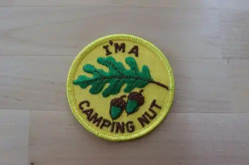 IM A CAMPING NUT Patch Vintage Oak Leaf Acorns Nature Camping CAMPERS Relic has been sored away safely for decades and item measures 3 in, circle detailed stitching