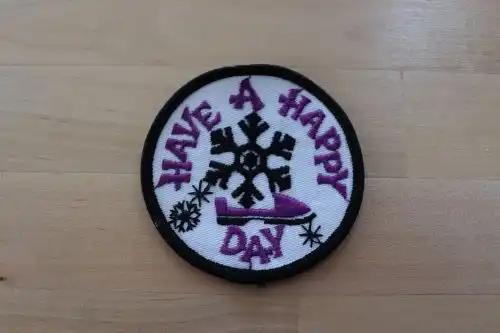 HAVE A HAPPY DAY Snowflake Skate Patch Winter Nature Winter Sport NOS Relic has been stored safely away for decades and measure 3 in circle Excellent vintage quality