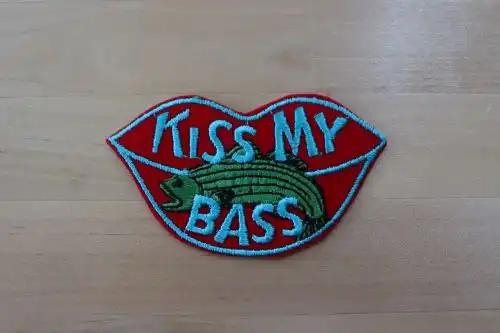 Bass Fishing KISS MY BASS Diecut Patch Unique Eclectic Exc Mint Item lips bass fish patch measures 4 x 2 inches.  Well done diecut item KISS MY BASS in sky blue