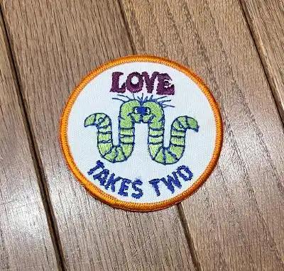 LOVE Takes Two PATCH Inch Worm Characters Vintage Retro Stitched MINT.  Web Stitched Vintage patch measuring 3 in circle.  Inch Worm Characters PATCH Vintage Retro