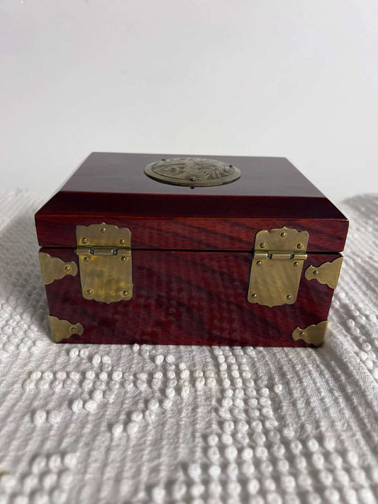 Solid Wood and Brass Treasure Chest Unique Vintage Box Asian Origin, Gorgeous! Removable compartment with storage beneath.  Brass top decor, hinges
