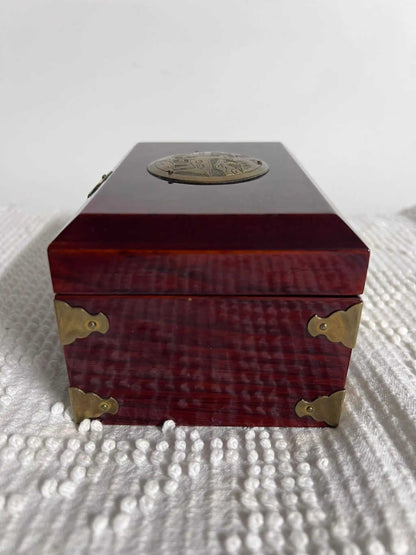 Solid Wood and Brass Treasure Chest Unique Vintage Box Asian Origin, Gorgeous! Removable compartment with storage beneath.  Brass top decor, hinges