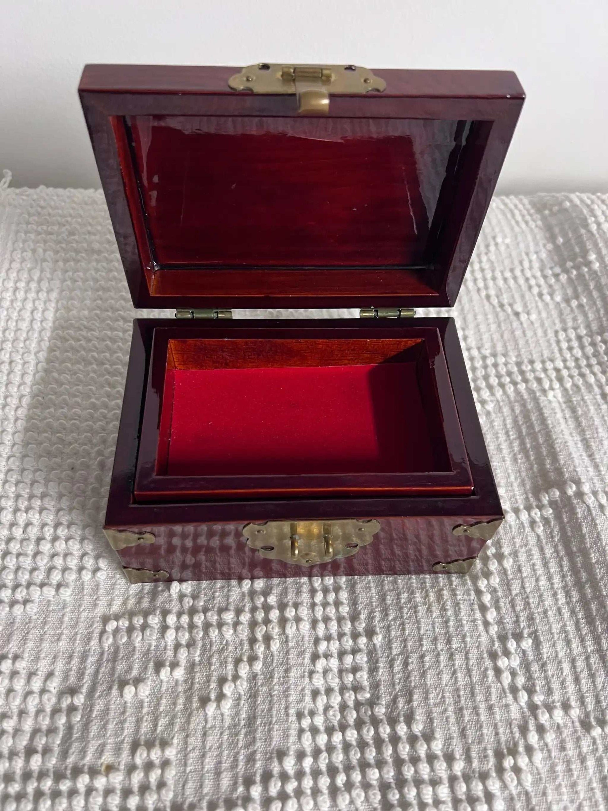 Solid Wood and Brass Treasure Chest Unique Vintage Box Asian Origin, Gorgeous! Removable compartment with storage beneath.  Brass top decor, hinges