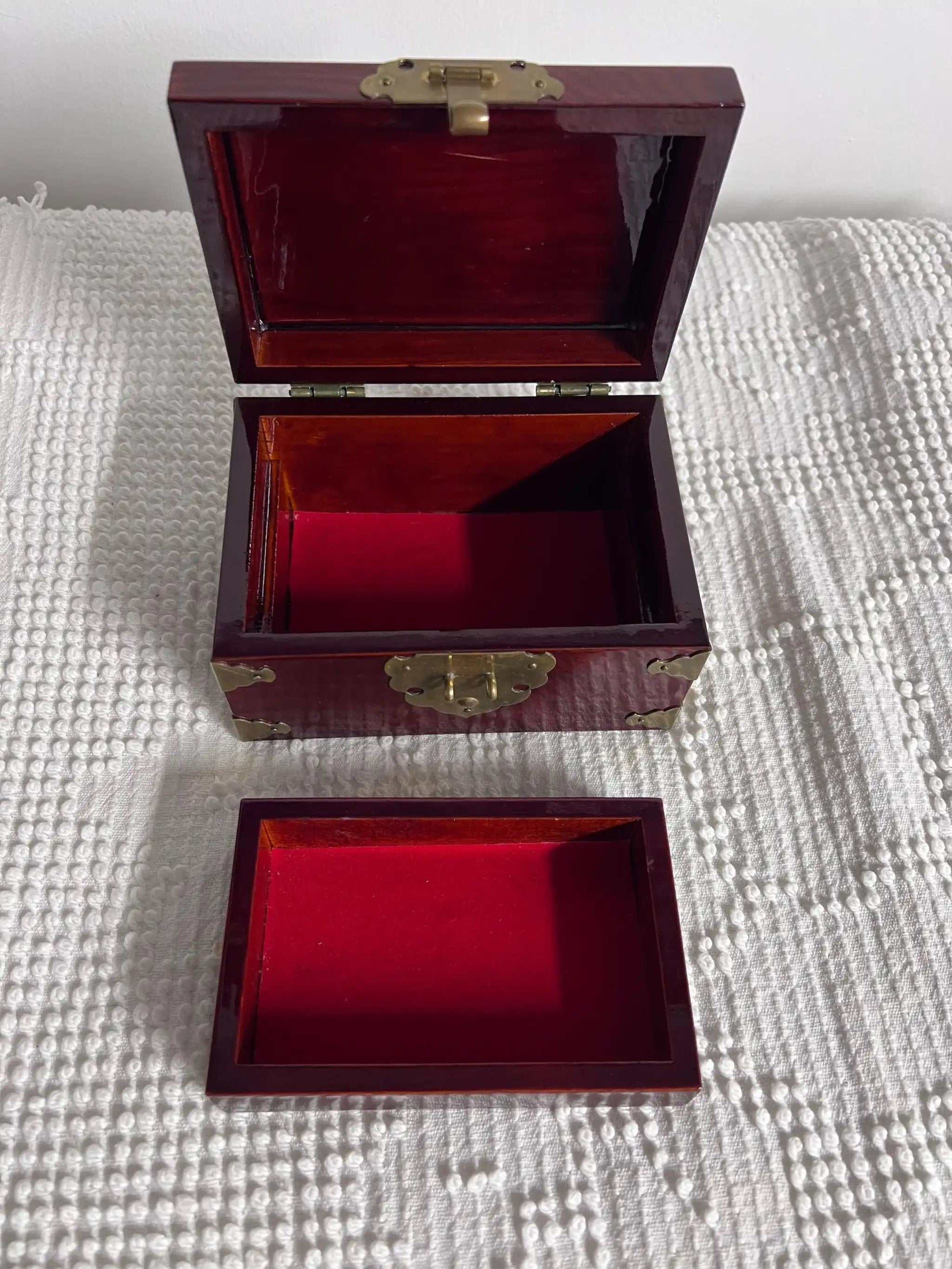 Solid Wood and Brass Treasure Chest Unique Vintage Box Asian Origin, Gorgeous! Removable compartment with storage beneath.  Brass top decor, hinges