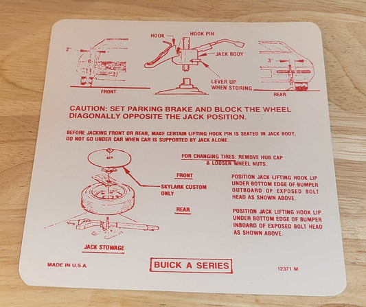 Buick 1971 GS Skylark Special Jack Instructions Decal A Series Restoration