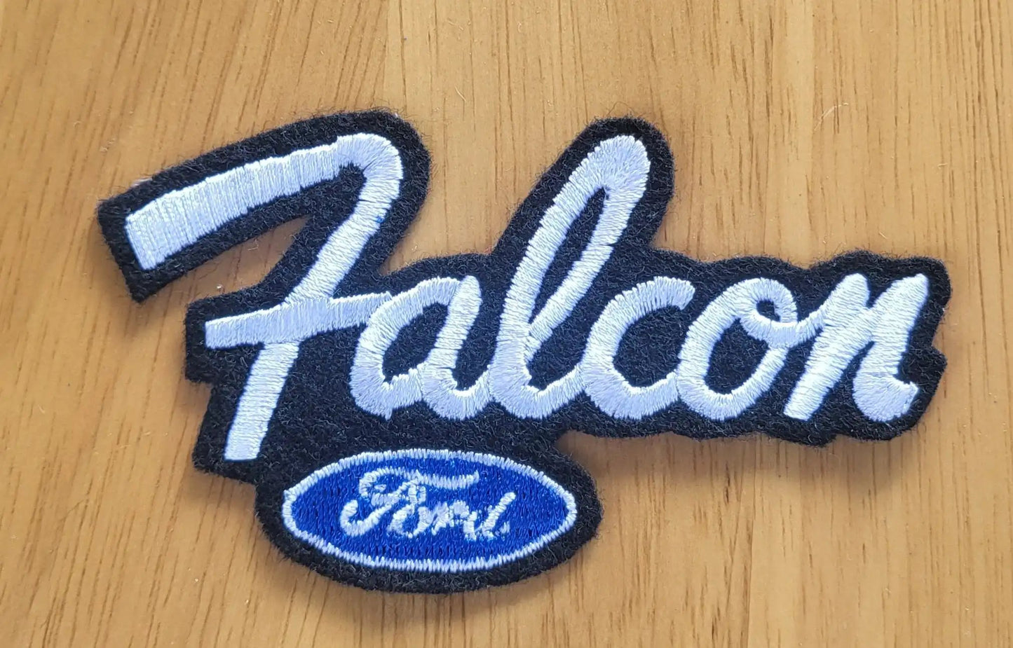 FORD FALCOLN Patch Script Logo Iron on Embroidered Auto N.O.S. FORD This relic has been stored away from when it was made in different process approx 20+ yrs ago.