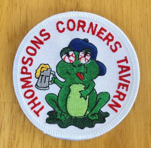 THOMPSONS CORNERS TAVERN Patch Unique BEER Collectible Tavern Vintage Frog Logo THOMPSONS CORNERS TAVERN patch.  Unique novelty item, blood shot eyed frog design. 