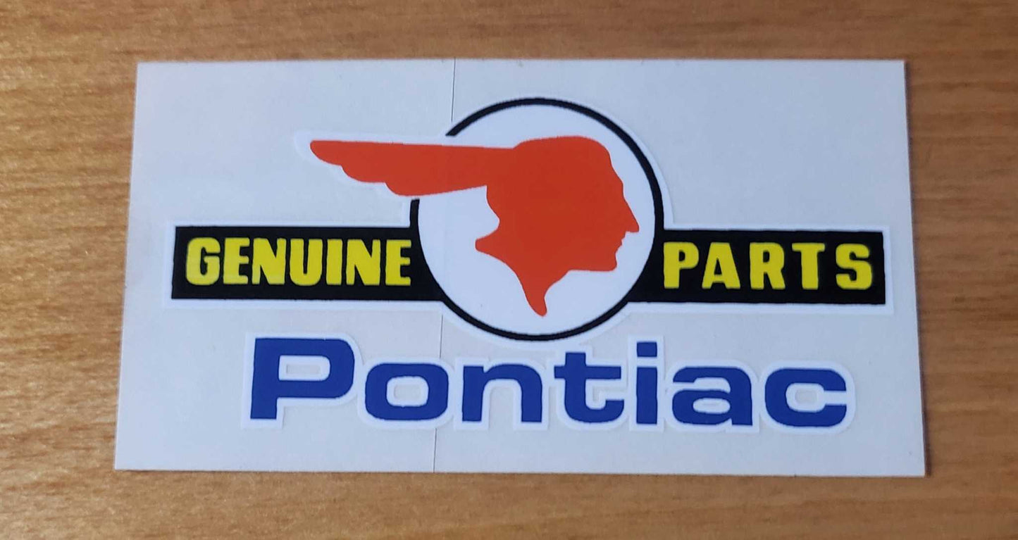 Pontiac Genuine Parts Old Indian Head Logo Decal EXC Shop Condition NOS Relic has been safely stored away for decades and measures approx 3.5 inch square Crest logo