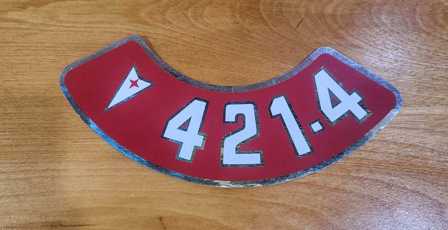 Pontiac 421 4V Air Cleaner Red and Silver Metallic Decal EXC Restoration. Relic has been stored safely away for decades and measures approx 2.5 in wide x 8.75 in len