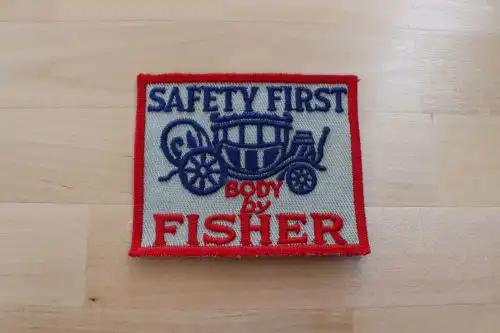 SAFETY FIRST Body by FISHER Carriage Logo PATCH MINT Auto NOS Vintage Item Relic measures 3 1/2 x 3 inches web stitched and is in EXCELLENT New Old Stock condition