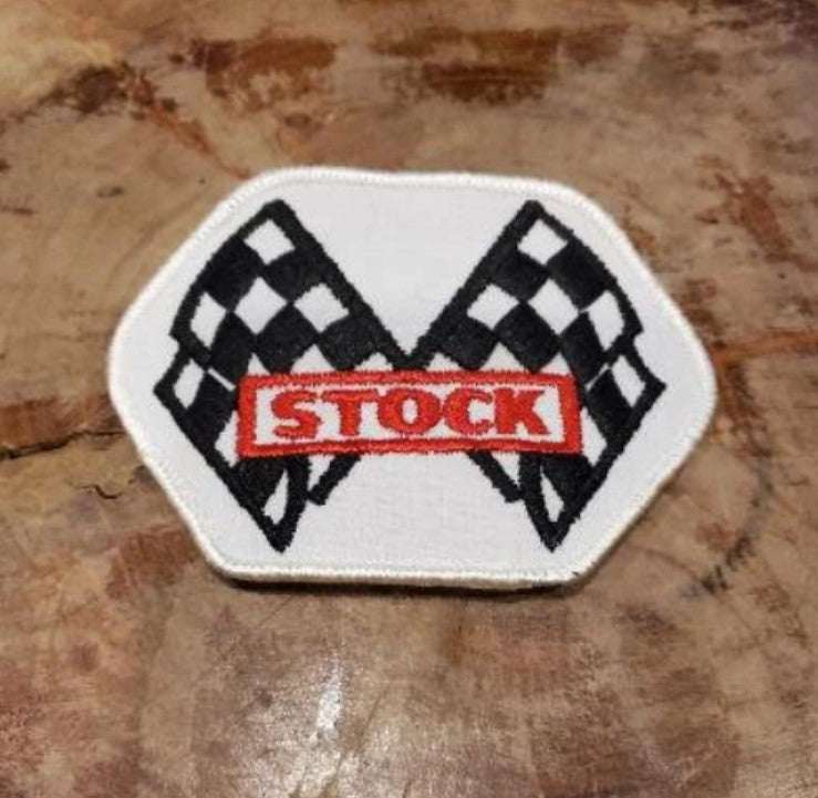 STOCK Cross Flag Racing Patch Vintage, block style lettering and detailed stitching NOS Item, never sewn or displayed, stored with care. A must have for Stock Crew