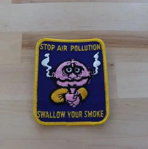 Stop Air Pollution Swallow Your Smoke Patch 1970s Vintage NOS Unique Relic has been stored safely away for decades measuring approximately 3 inches x 3.5 inches